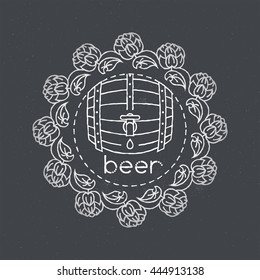 Rough line vector beer barrel illustration with hop ornament. 