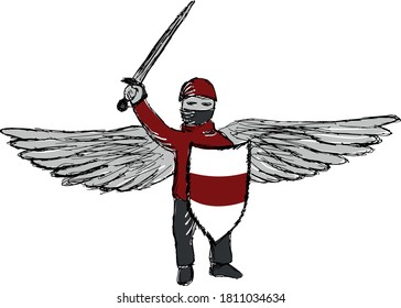 Rough lineart color drawing of masked warrior with sword and shield. A man with military attributes and a white-red shield in his hand  a symbol of the 2020 Belarusian protests