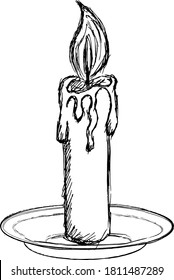 Rough lineart freehand drawing of a burning candle on a plate. Black and white outline vector clipart of wax or paraffin candle with fire