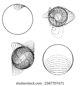 Rough lines in Circle Form . Rotate rounded shape Vector Illustration .Rotating circles form a ring.Rotating design element . Various circle lines forming round frame . Abstract Geometric line art .