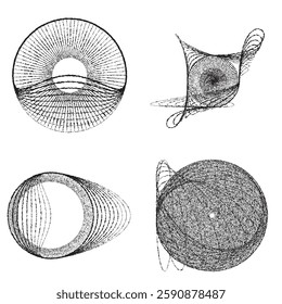 Rough lines in Circle Form . Rotate rounded shape Vector Illustration .Rotating circles form a ring.Rotating design element . Various circle lines forming round frame . Abstract Geometric line art .
