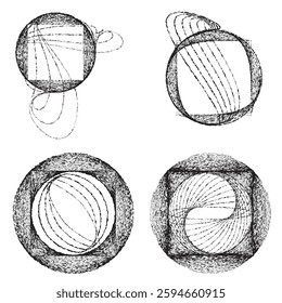 Rough lines in Circle Form . Rotate rounded shape Vector Illustration .Rotating circles form a ring.Rotating design element . Various circle lines forming round frame . Abstract Geometric line art .