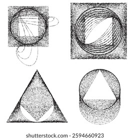 Rough lines in Circle Form . Rotate rounded shape Vector Illustration .Rotating circles form a ring.Rotating design element . Various circle lines forming round frame . Abstract Geometric line art .