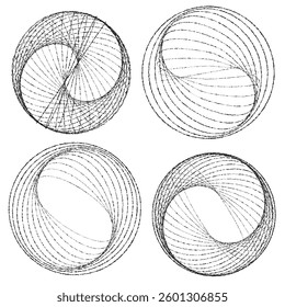 Rough lines in Circle Form . Rotate rounded shape Vector Illustration .Rotating circles form a ring.Rotating design element . Various circle lines forming round frame . Abstract Geometric line art .