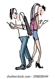 Rough markers sketch of a busy modern couple walking looking into their mobile devices rather on each other  - vector illustration of youth commication problems