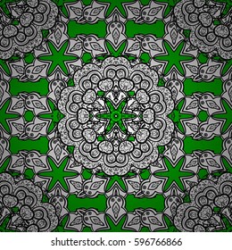 Rough medieval floral royal pattern. Decorative symmetry arabesque. White on green background. Good for greeting card for birthday, invitation or banner. Vector illustration.