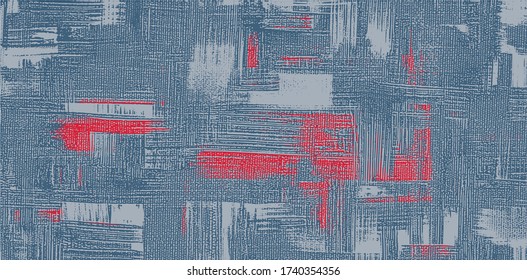 Rough and messy blue canvas. Red strokes on jeans material. Abstract painting, cross hatching texture, grungy vector background