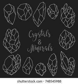 Rough minerals, gems and raw crystals isolated on black background. Set of geometric stones. Hand drawn outline vector illustration with grunge shapes gemstones. Line art design