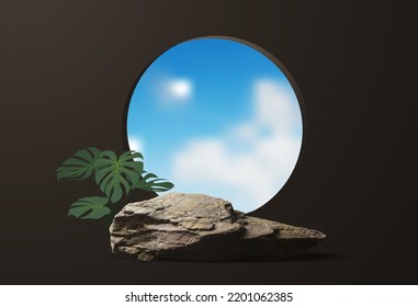 Rough natural stone as podium presentation mock up, show cosmetic product display stage pedestal design, Vector illustration modern layout template