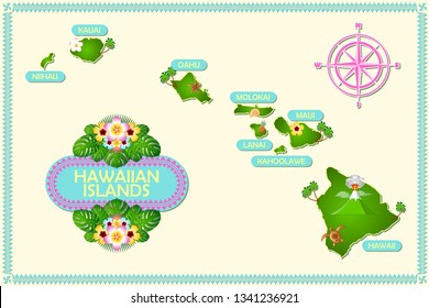 Rough and not detailed Hawaiian islands with traditional folk floral decoration sign.