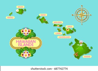 Rough And Not Detailed Hawaiian Islands With Traditional Folk Floral Decoration Sign.