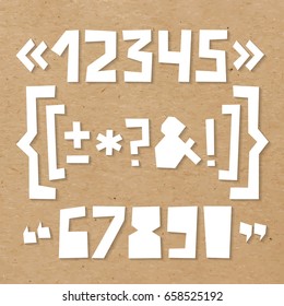 Rough numbers and symbols including brackets, curly braces, exclamation and question marks, quotation marks, ampersand, asterisk, plus, minus, dash or hyphen cut out of paper on cardboard background