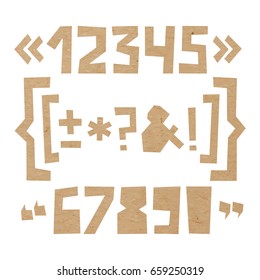 Rough numbers and symbols including brackets, curly braces, exclamation and question marks, quotation marks, ampersand, asterisk, plus, minus, dash or hyphen cut out of paper on cardboard background