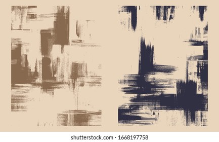 Rough oil paint strokes on canvas. Set of two abstract paintings, cross hatching monochrome grungy background