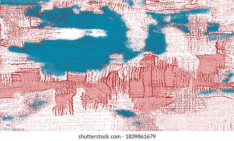 Rough oil paint strokes on canvas. Abstract painting, teal blue and coral color texture, grungy background illustration