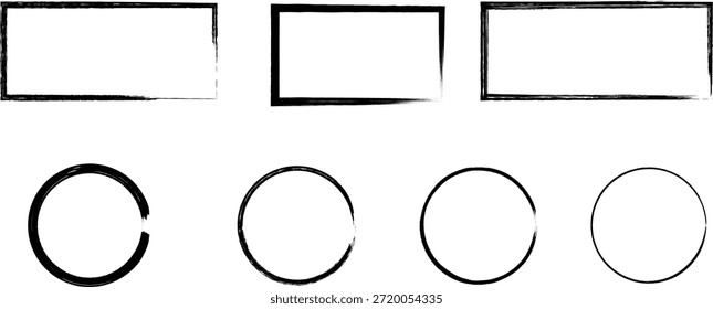 Rough outline shape set with hand drawn rectangle frames and imperfect circle outlines in vector style