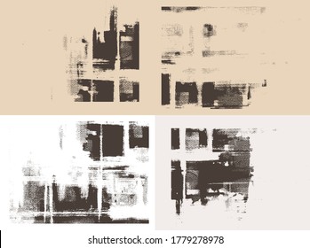 Rough paint strokes on canvas. Vector set of four paintings. Abstract grungy backgrounds, light hand drawn monochrome pattern, irregular cross hatching