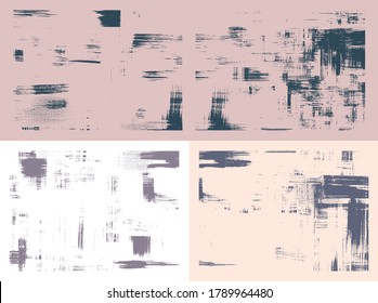 La pintura áspera se pinta sobre el lienzo. Conjunto vectorial de cuatro pinturas. Fondo de grungia abstracta, patrón monocromo dibujado a mano ligera, eclosión irregular