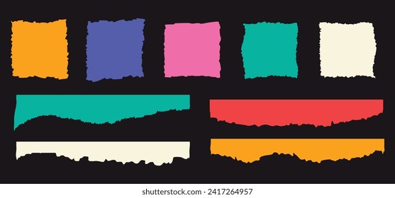 Rough paper edge set. Rectangle torn shape, border, piece sticker. Isolated grunge vector header illustration.