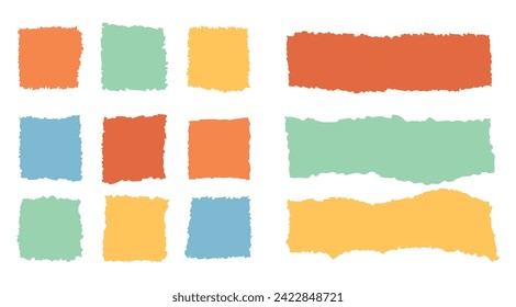 Rough paper edge set. Rectangle torn shape, border, piece sticker. Isolated grunge vector header illustration