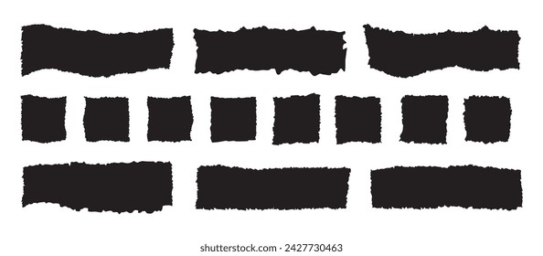 Rough paper edge set. Rectangle torn shape, border, piece sticker. Isolated grunge vector header illustration