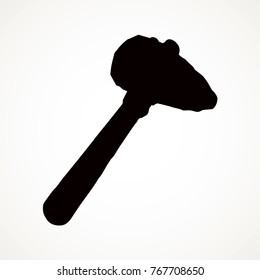 Rough past archaic era sharp hemp hache hummer on white backdrop. Dark ink hand drawn picture object logotype pictogram emblem in obsolete art contour print style. Closeup view sand ground text space