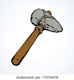 Rough past archaic era sharp hemp hachet on white backdrop. Bright color hand drawn picture object emblem in obsolete art doodle style. Closeup view with space for text