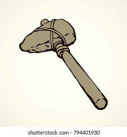 Rough past archaic era sharp hemp hache hummer on white backdrop. Freehand line black ink hand drawn picture repair object emblem in obsolete art doodle style pen on paper. Closeup view text space