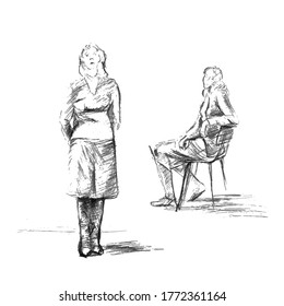 A rough pencil sketch two young women in clothes  Standing girl and hands behind her back   sitting girl chair  Isolated vector shapes white background 