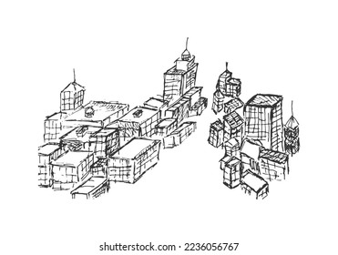 Rough pencil sketch vintage hand drawn city. Tall buildings and blank space in the middle illustrate for the road. Town drawing vector illustration.