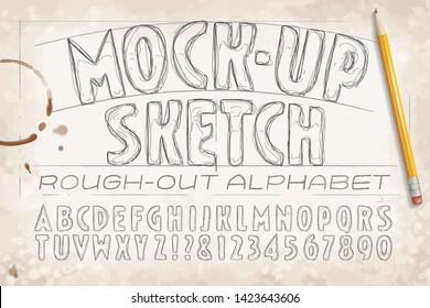 A rough pencil vector alphabet and paper background which lends a 'work-in-progress' effect to rough ideas presented in mock-up form.