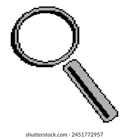 Rough pixelated (pixel) magnifier (grey and black colors), isolated on white background. Pixel object. Vector illustration.