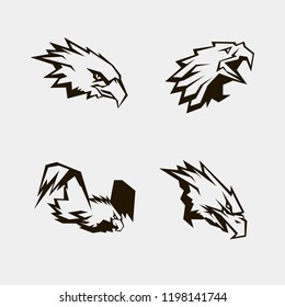 Rough and powerful geometric bird heads. B&W illustration of eagle, falcon and parrot