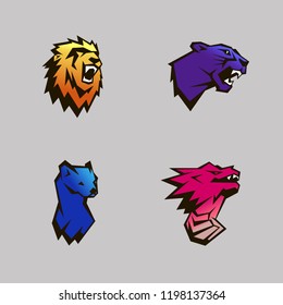 Rough and punchy animal heads illustration.Colorful illustration of lions, puma, ferret and dragon