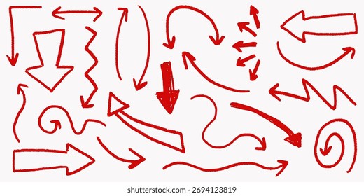 Rough red chalk arrows with crayon underlines, doodle direction pointers, swirling scribbles and textured grunge effect.