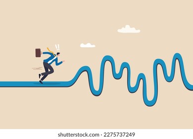 Rough road ahead, obstacle or tough situation to overcome, risk and uncertain, difficulty or problem solving, journey or effort to success concept, businessman run to new challenge rough road ahead.