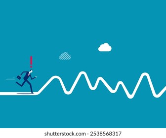 Camino áspero por delante, obstáculo o situación difícil de superar, riesgo e incertidumbre, dificultad o resolución de problemas, viaje o esfuerzo al concepto de éxito, hombre de negocios corren a un nuevo desafío camino áspero por delante.