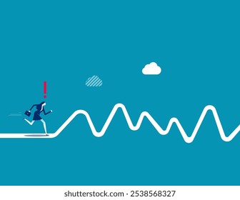 Camino áspero por delante, obstáculo o situación difícil de superar, riesgo e incertidumbre, dificultad o resolución de problemas, viaje o esfuerzo al concepto de éxito, hombre de negocios corren a un nuevo desafío camino áspero por delante.