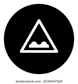 A rough road sign in the center. Isolated white symbol in black circle. Vector illustration on white background