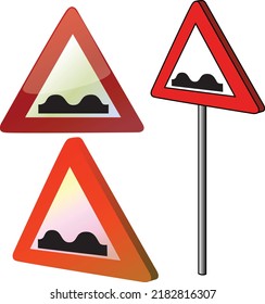 Geringe Straßenschilder, die rotes Dreieck mit glänzendem, flachem, isoliertem Vektorgrafik warnen
