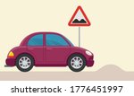 Rough road - traffic sign. A car is driving slowly and carefully on bumpy road. Hump on way. Vector illustration, flat design cartoon style.