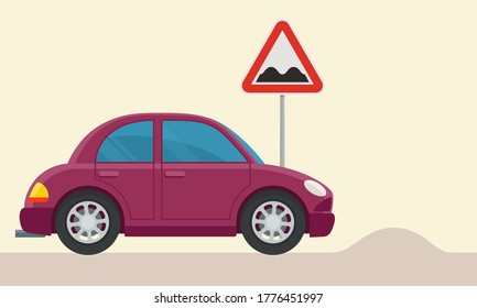 Rough road - traffic sign. A car is driving slowly and carefully on bumpy road. Hump on way. Vector illustration, flat design cartoon style.