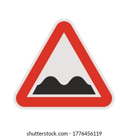 Rough road - traffic sign, triangle shape. Bumpy road. Hump on way. Vector illustration, flat design element. Isolated on white background.