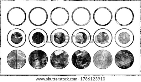 Rough Rolled Ink Letterpress Circles. Highly detailed individually textured shapes with a really rough, wet rolled ink print texture. Optimised compound paths, ready to use.