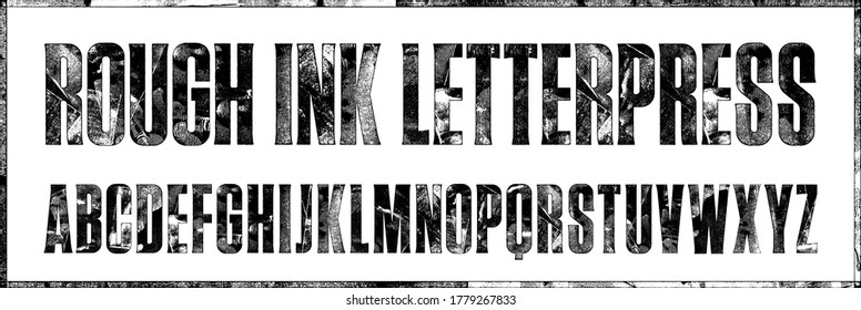 Rough Rolled Ink Letterpress Condensed Display Font. Works well at large sizes. Highly detailed individually textured characters with a really rough, wet rolled ink print texture. Unique design font