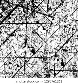 Rough, scratch, splatter grunge pattern design. Dry brush strokes. Overlay texture. Faded black - white dyed paper texture. Sketch design. Use for poster, cover, banner, mock-up, stickers layout.
