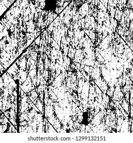 Rough, scratch, splatter grunge pattern design. Dry brush strokes. Overlay texture. Faded black - white dyed paper texture. Sketch design. Use for poster, cover, banner, mock-up, stickers layout.