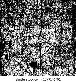 Rough, scratch, splatter grunge pattern design. Dry brush strokes. Overlay texture. Faded black - white dyed paper texture. Sketch design. Use for poster, cover, banner, mock-up, stickers layout.
