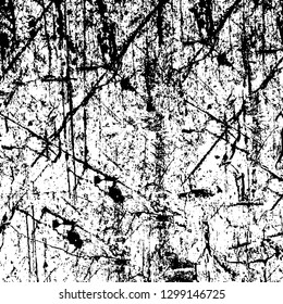 Rough, scratch, splatter grunge pattern design. Dry brush strokes. Overlay texture. Faded black - white dyed paper texture. Sketch design. Use for poster, cover, banner, mock-up, stickers layout.