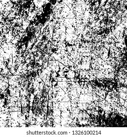 Rough, scratch, splatter grunge pattern design brush strokes. Overlay texture. Faded black-white dyed paper texture. Sketch grunge design. Use for poster, cover, banner, mock-up, stickers layout.